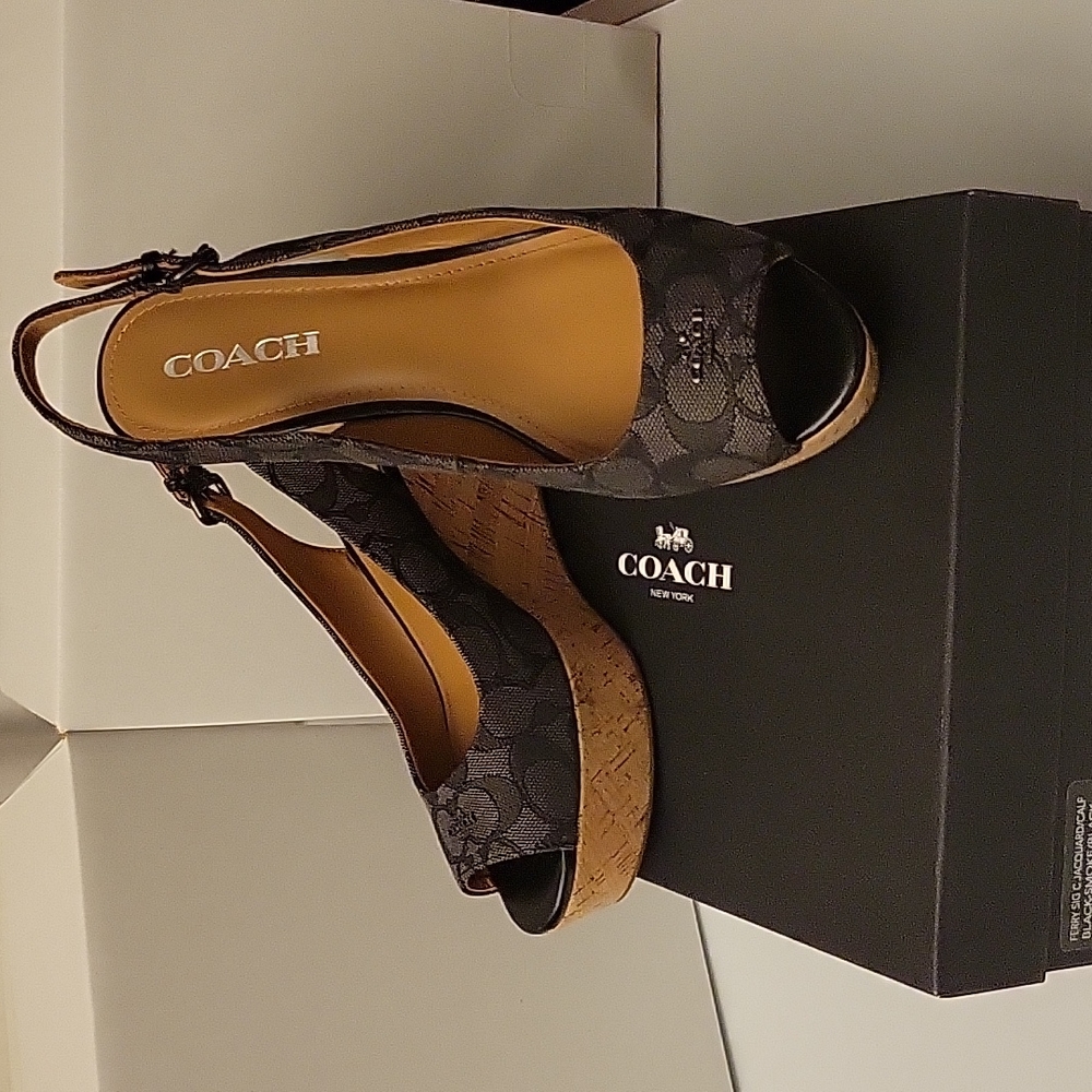 Coach Ferry Wedge Sig Jacquard Monogram Black/Smoke Cork heels (in box) Size 8.5